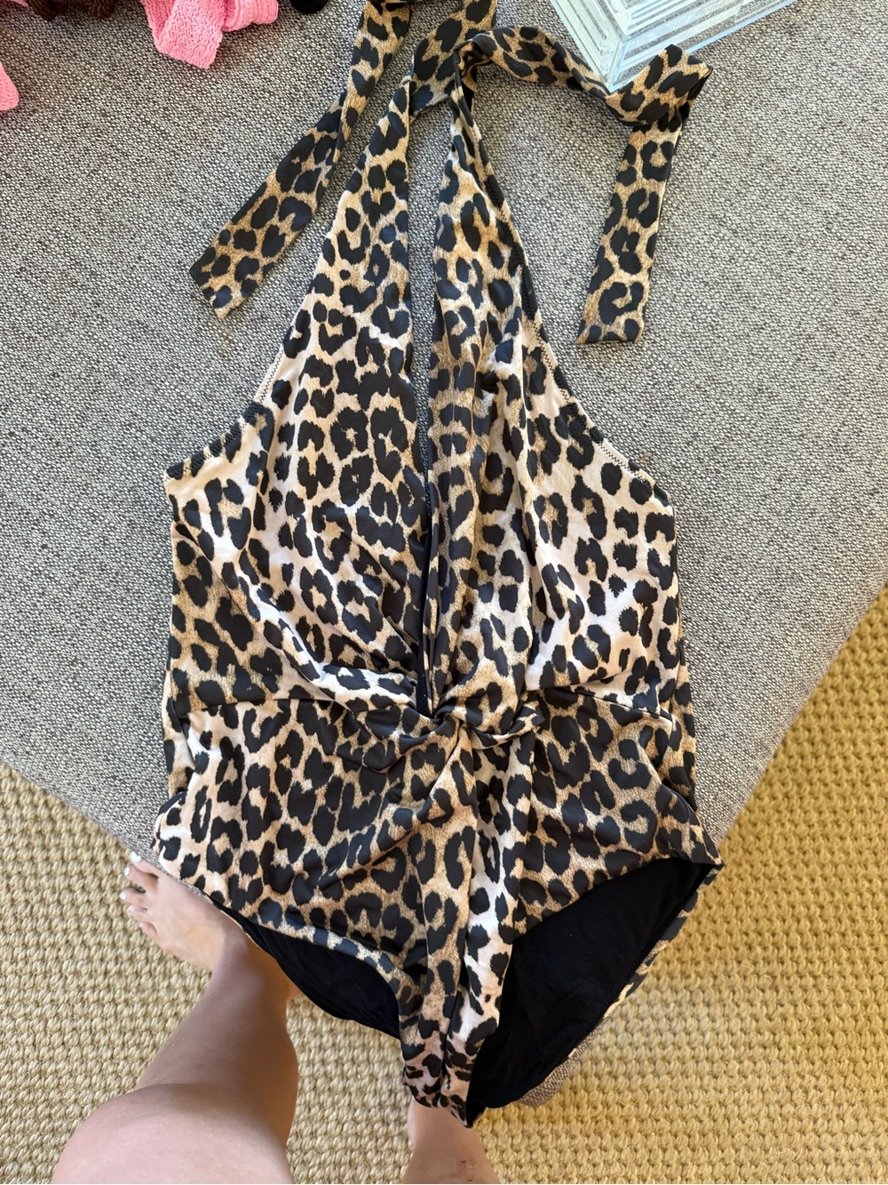 Ganni Leopard Print Halter One-Piece Swimsuit - Black & Tan